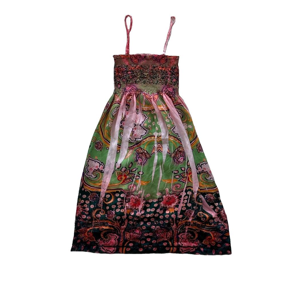 LAPIS One Size Fits Most Y2K Silky Summer Dress With Sequins Sundress Pink Green